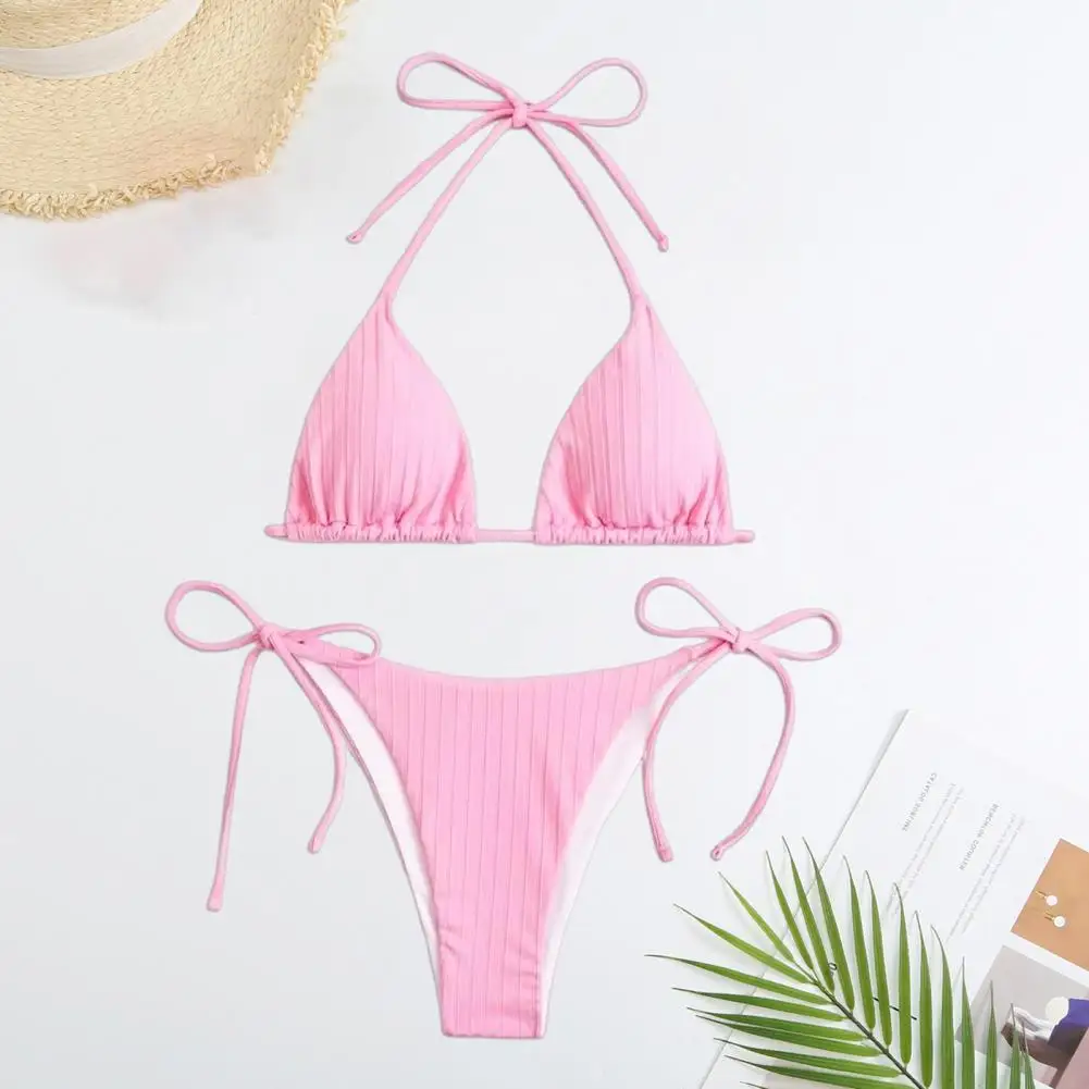 2024 New Summer Hawaii Bikini Set Halter Triangle Cup Bra Lace-up Briefs Set Solid Color Quick Drying Swimsuit Beachwear