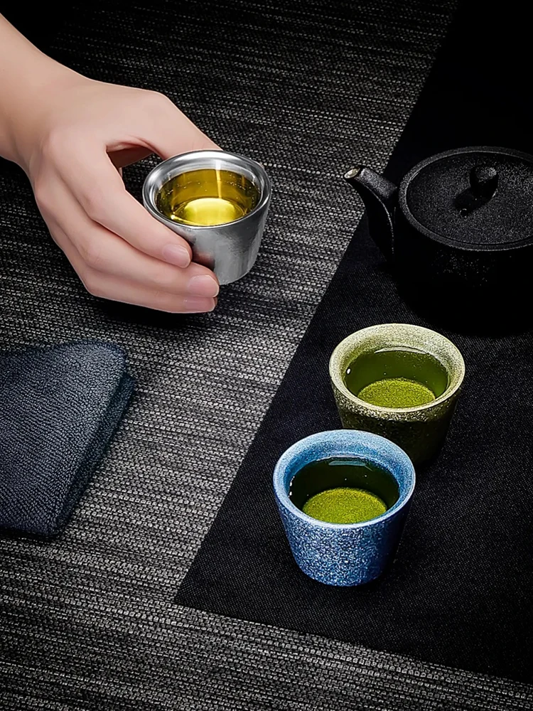 High-grade Light Luxury Tea Tasting Pure Titanium Double-layer Heat Insulation Small Kung Fu Tea Cup Set Chinese Tea Set 6 Pets