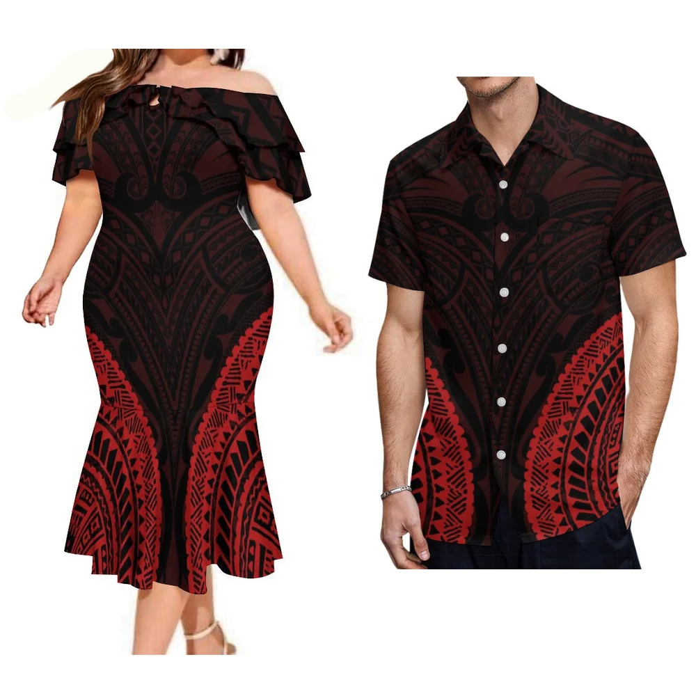 Samojska sukienka dla par w nowym stylu Damska sukienka z odkrytymi ramionami Fishtail Męska koszula Polinezyjska odzież festiwalowa