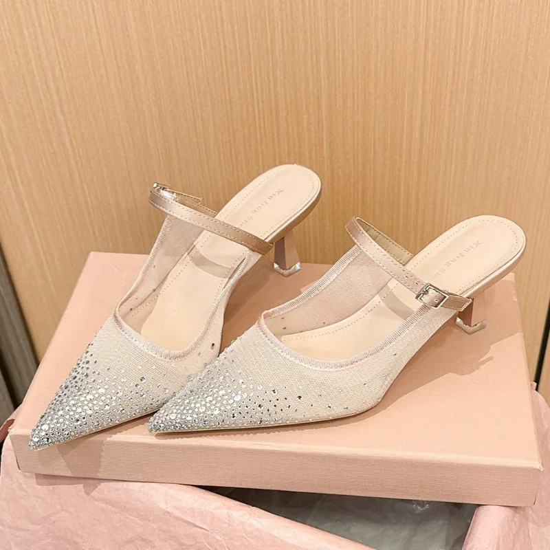 

2026 Summer Mesh Rhinestone Heeled Sandals Women Luxury Belt Buckle Design Sexy Pointed Toe Mules Slippers Evening Dress Shoes
