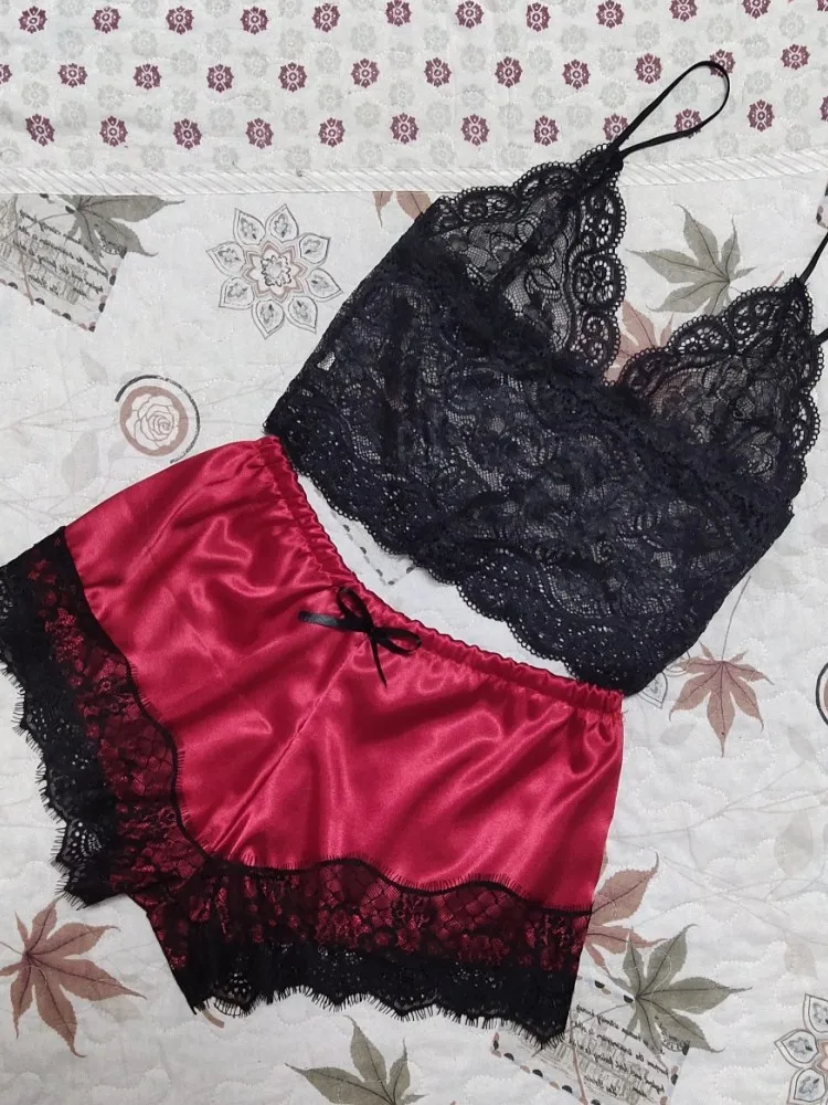 Women Sleepwear 2 Pcs Pajamas Set Sexy Lingerie Satin Black Lace V-Neck Pyjamas Sleeveless Cute Cami Top and Shorts