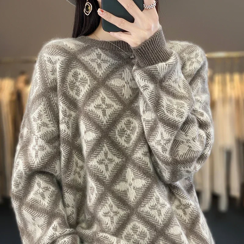 Women's 100% Cashmere Wool Sweater O-Neck Knitted Pullover Soft Comfortable Loose Top for Female Korean Fashion Autumn Winter Ne