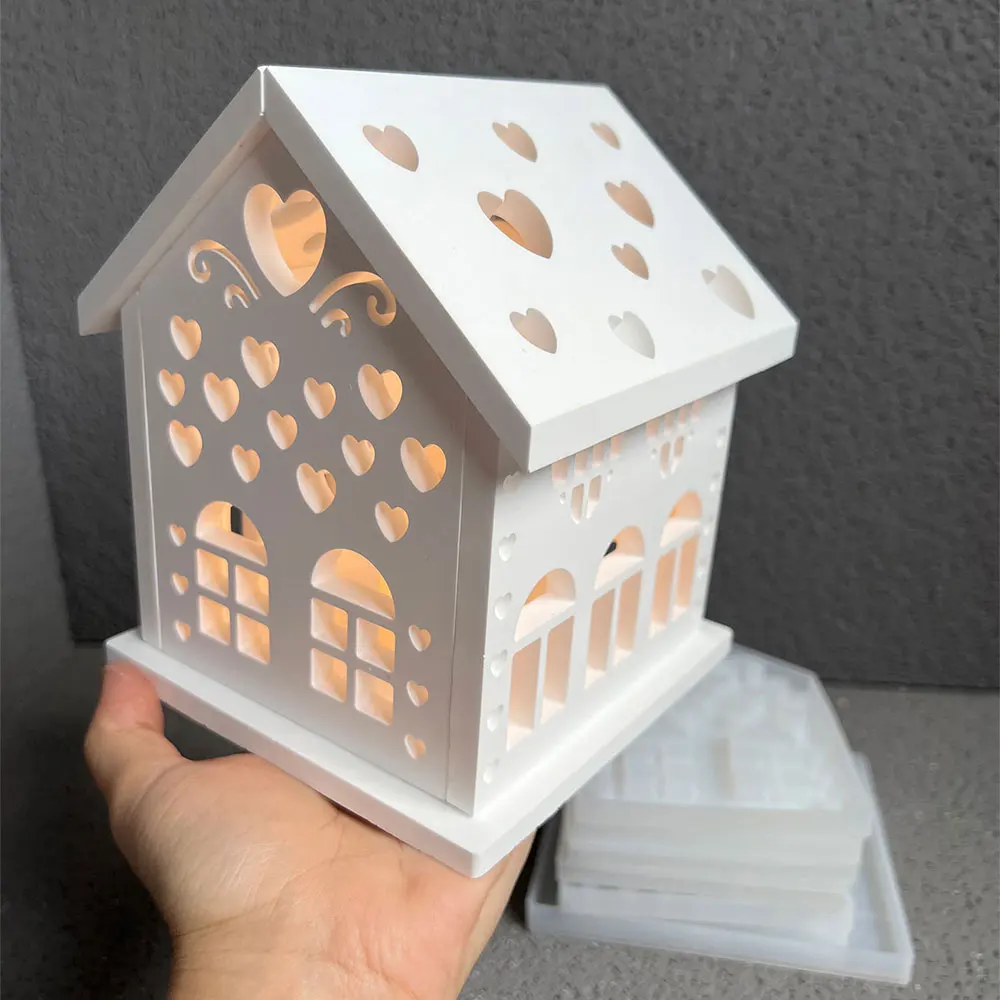 Love Cabin Candlestick Silicone Mold Hollow Love House Night Light Lampshade Plaster Mold Cement Candle Holder Lamp Mould