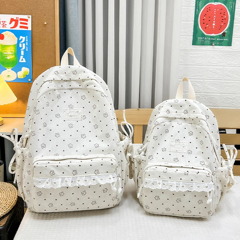 Cute Polka Dot Corduroy Backpack Sweet Star Print Lace Decor Student School Bag Drawstring Side Pocket Lightweight Backpack