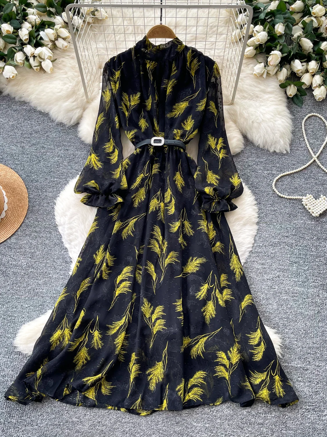 

Retro Print Stand Collar Long Sleeve Women's Dress Slim Fit A-Line Summer Korean Style Commute Long Dress Polyester Fiber