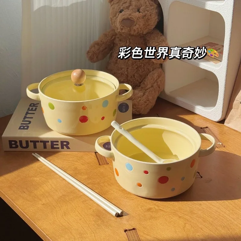 

Цветная миска для лапши быстрого приготовления в горошек, бинауральная с крышкой, высокотемпературная подглазурная керамическая миска, миска для лапши в общежитии для девочек