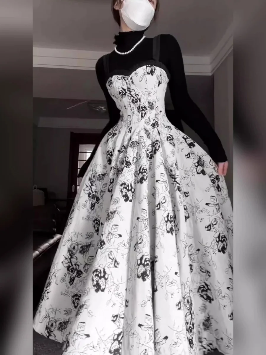 

Макси-платье с цветочным принтом в стиле ретро для женщин больших размеров, осень-зима, длинная юбка с тяжелой вышивкой, утягивающая высокая талия, трапециевидной формы Dr