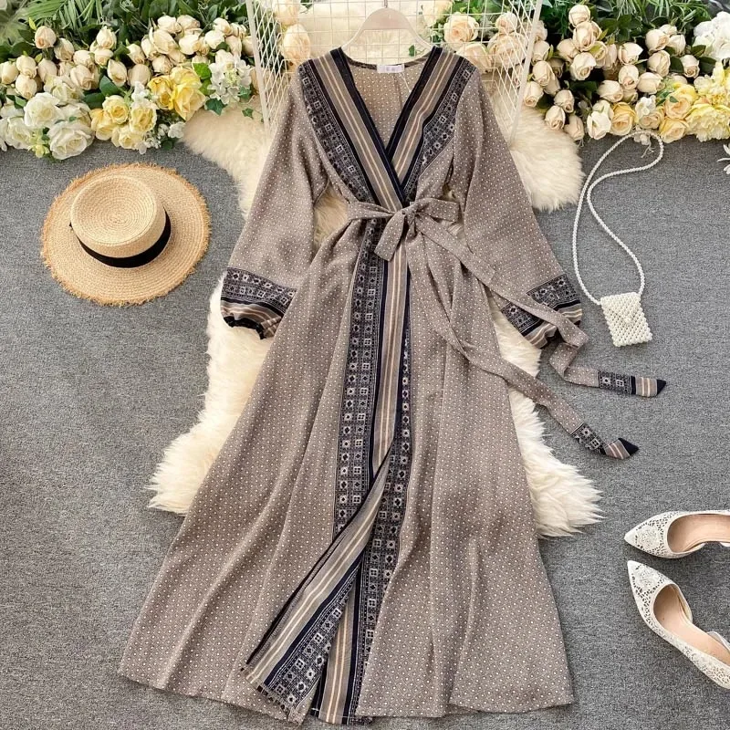 

New Fashion Women Chiffon Dress Ladies Printed Lace-up Waistband Long Sleeved Sashes Waist Slim Style Swing Long A-line Dress