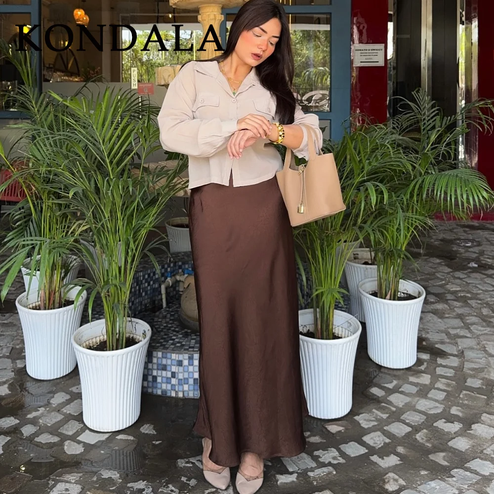 KONDALA 2026 Spring Summer Brown Satin Women Skirts Chic Elegant Prom Ladies Skirts Valentine‘s Day Beach Party Girls Skirts