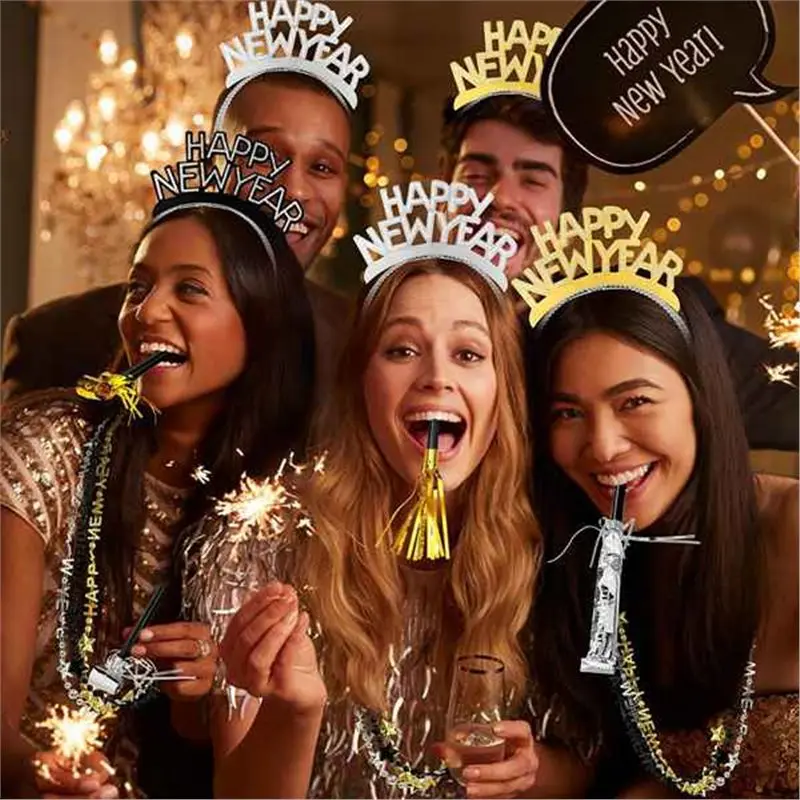 A74E-مجموعة زينة السنة الجديدة السعيدة - 36 قطعة، ملحقات دعائم كابينة الصور NYE يمكن ارتداؤها - مستلزمات حفلات رأس السنة الجديدة
