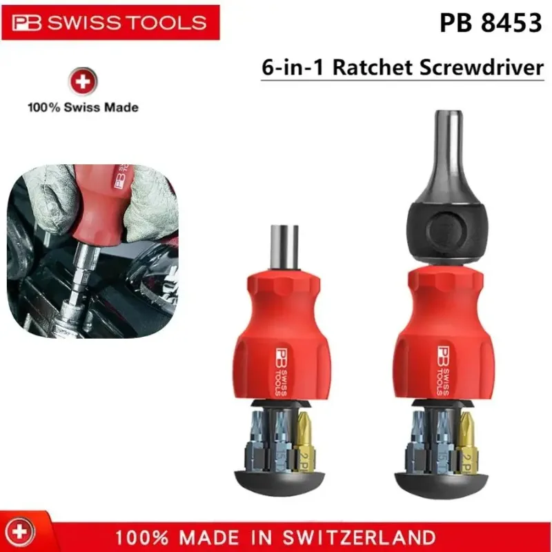 pb-swiss-tools-destornillador-de-trinquete-compacto-6-en-1-con-brocas-de-precision-de-liberacion-rapida-herramienta-de-reparacion-compacta-para-electronica-pb-8453