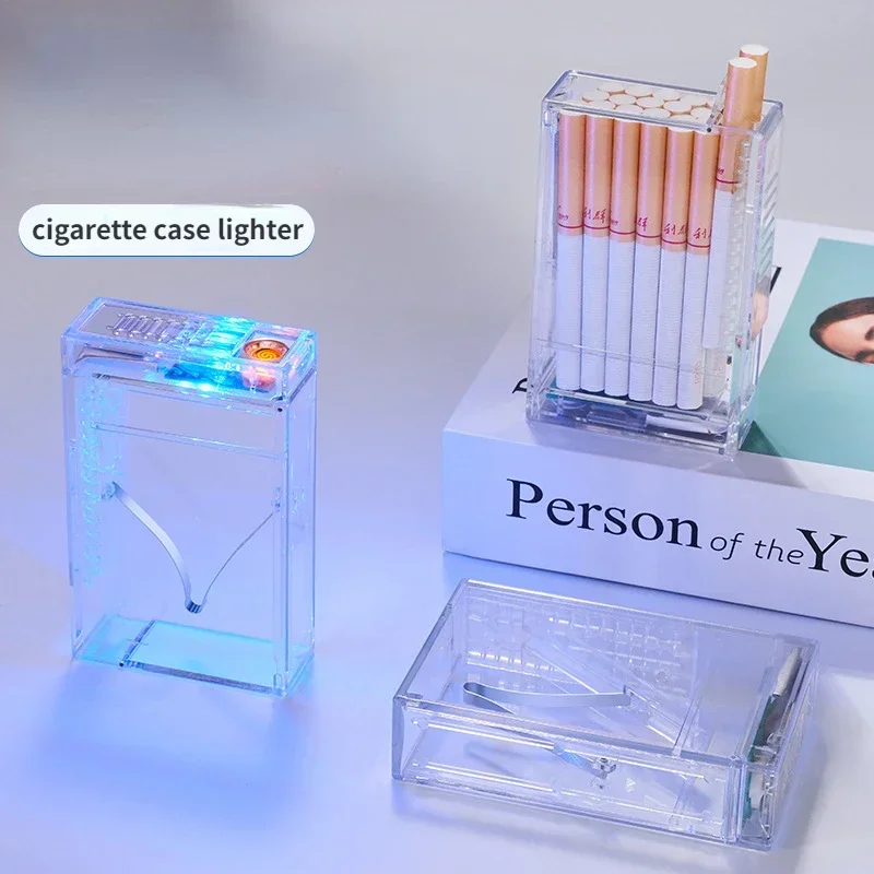 Creative Transparent Automatic Pop-up Cigarette Case Lighter Tungsten Ignition Cigarette Case Rechargeable Cigarette Case