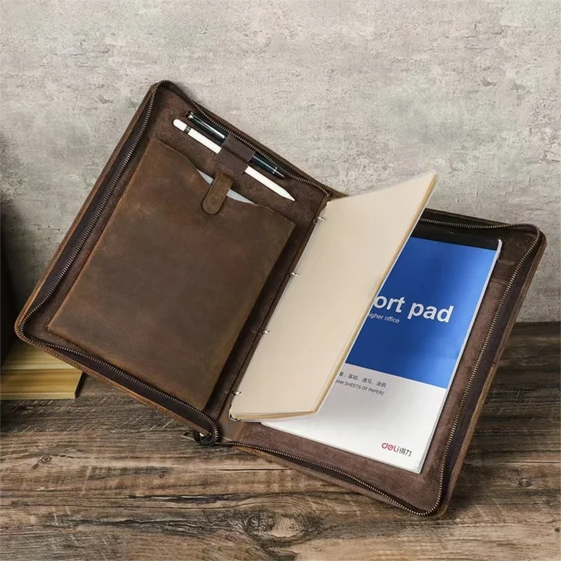 Luxury Retro A4 Cowhide Business Leather Portfolio with 4 Ring Binder Sketchbook Paper Pen Holder Ipad 11 pro Zipper Travel Case