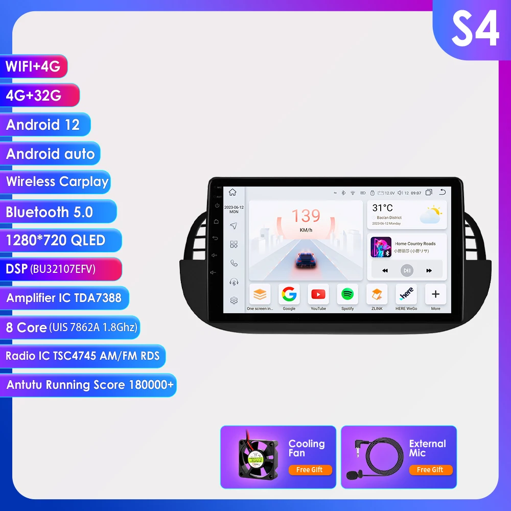 Hizpo 9 Inch Autoradio Stereo voor FIAT 500 2007-2014 GPS 2din Autoradio Draadloze CarPlay Android 13 Auto navigatie Head Unit
