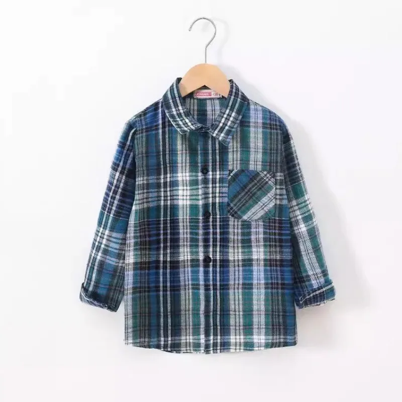 Autumn Kid Boys Solid Cotton Clothes Vintage Plaid Shirt Children Girls Long Sleeve Lapel Single Breasted Cardigan T-shirt Top