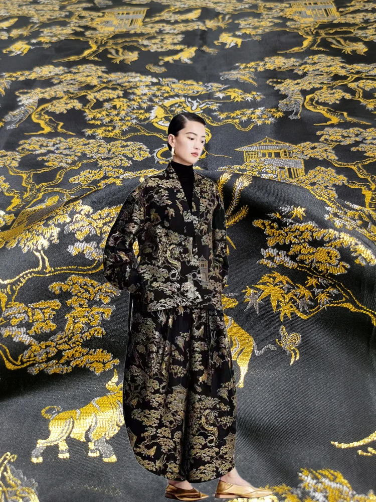 

Черная металлическая проволока, жаккардовая парчовая ткань для шитья, этнические костюмы ханьфу, платье, пальто, оригинальная ткань, оптовая продажа