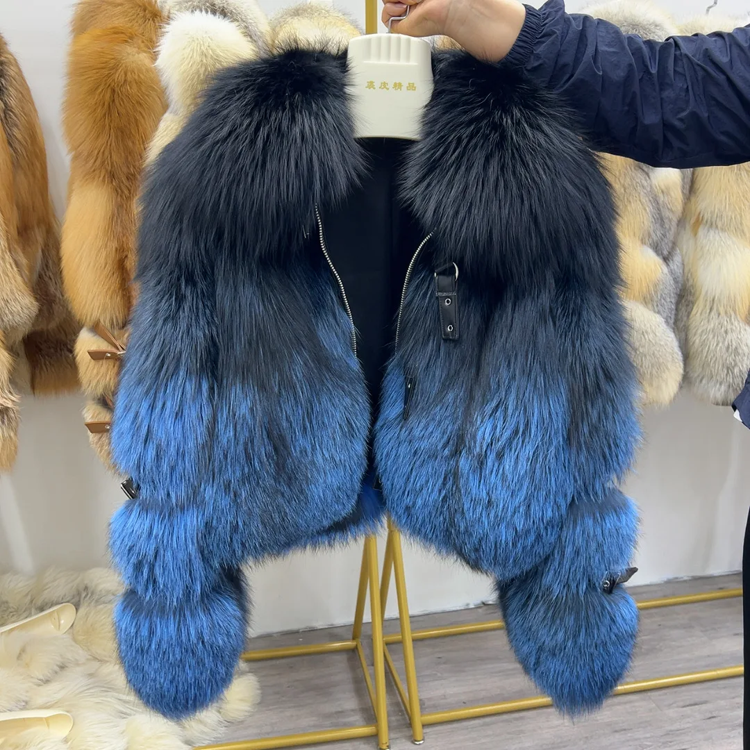

New Fashion Women's Blue Real Fox Fur Coat Full Skin Silver Fox Gradient Color Luxury High Quality Genuine Fox Fur Coat