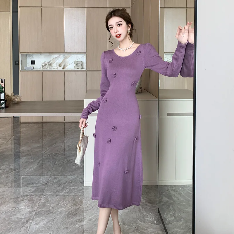 

Puff Sleeve Slim Knitted Dress Cinch in the Waist A-line Solid Long Dress Woman Autumn and Winter New Dresses for Women 2023