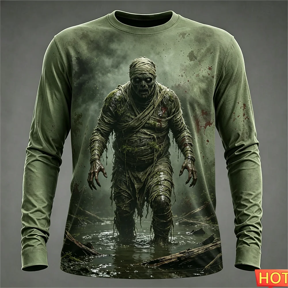 Halloween Terrify Mummy Street T-shirts Autumn winter Men's Long sleeved T-shirt Cotton Graphic Halloween Gift T-shirt for men