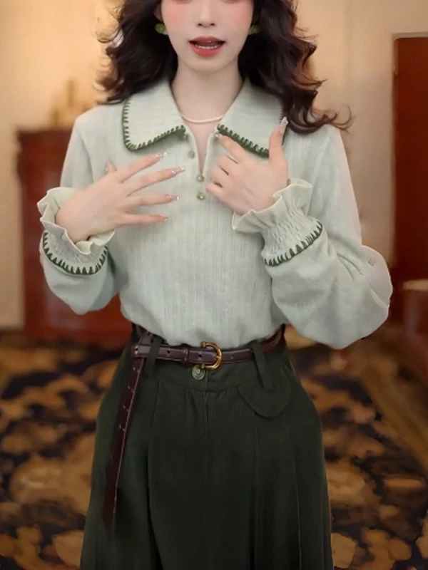 

Женская зеленая рубашка с длинными рукавами и воротником-поло с рюшами и рукавами лотоса, повседневные топы, нишевая корейская осенняя офисная женская одежда для поездок на работу