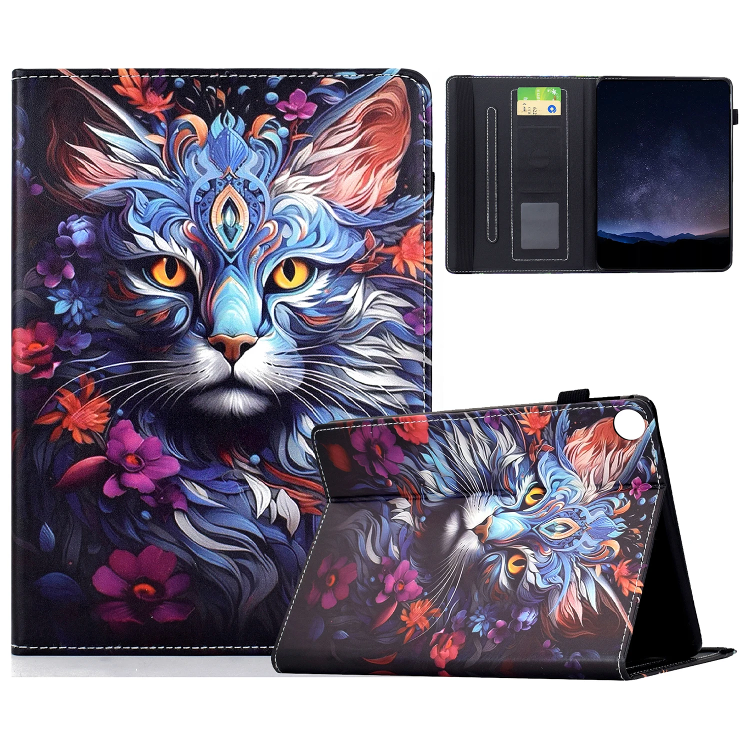 

For Samsung Galaxy Tab A11+ / A9+ Leather Case Pattern Print Card Slots Stand Auto Sleep Wake Tablet Cover - Colorful Cat