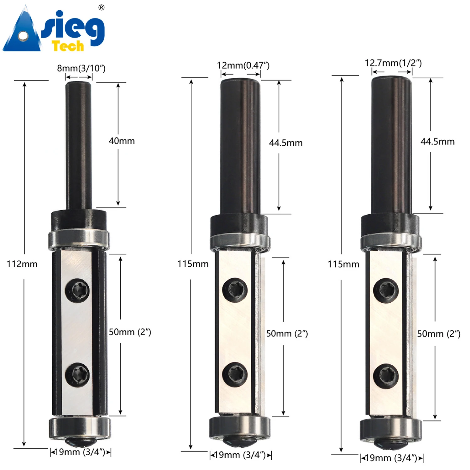 8mm 12mm 12.7mm Shank Flush Trim Router Bit Top and Bottom Double Bearings Trimmer 50mm Cut Length Repaceable Insert Cutter