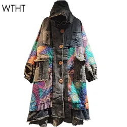 WTHT Vintage Women's Spliced Colorful Print Hooded Long Denim Coat 2024 Autumn Fashion Pockets Long Sleeves Jacket Female 1LS210