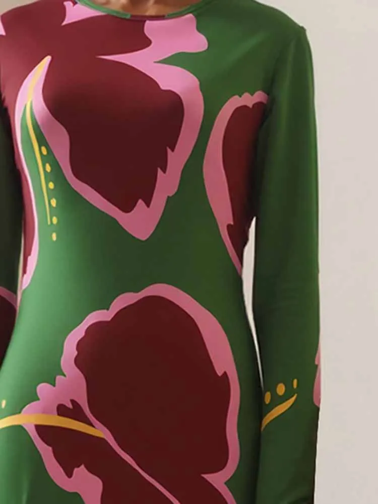 Feminino elegante o-pescoço manga longa magro vestido longo casual temperamento bohe vestido de festa moda floral impressão altura cintura robe vestido