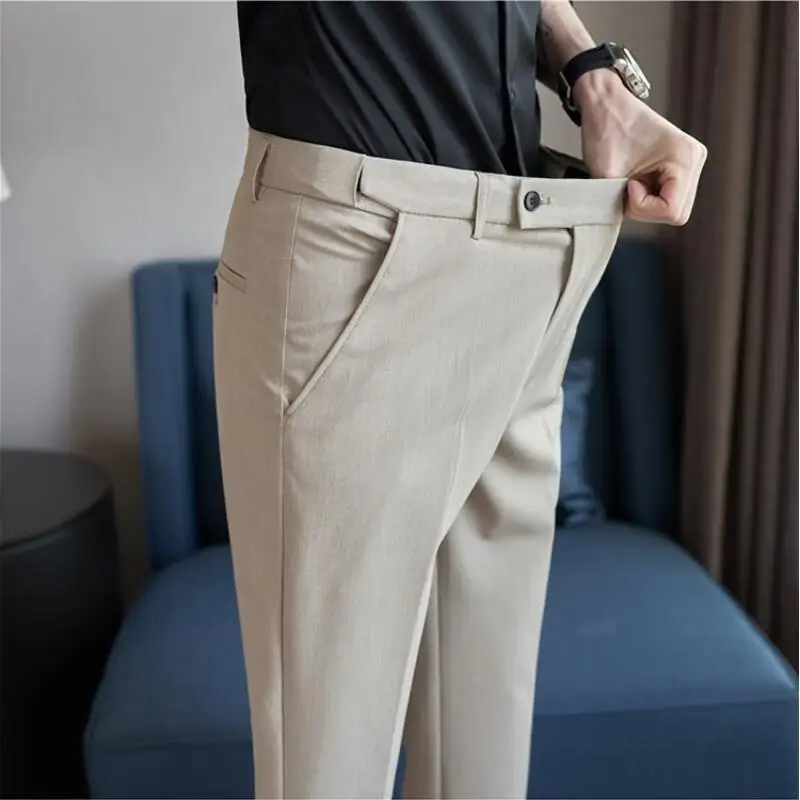 Plus Size 40 38 Spring Summer New Solid Color Elastic Waist Dress Pants Men Slim Business Office Social Ankle Length Trousers