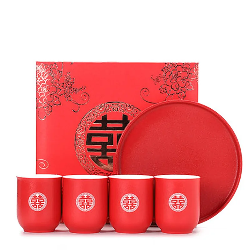 

Vintage Chinese Red Wedding Ceramic Tea Cups Teacup Set Porcelain Coffee mugs Ceremony Luxury Souvenir Gifts