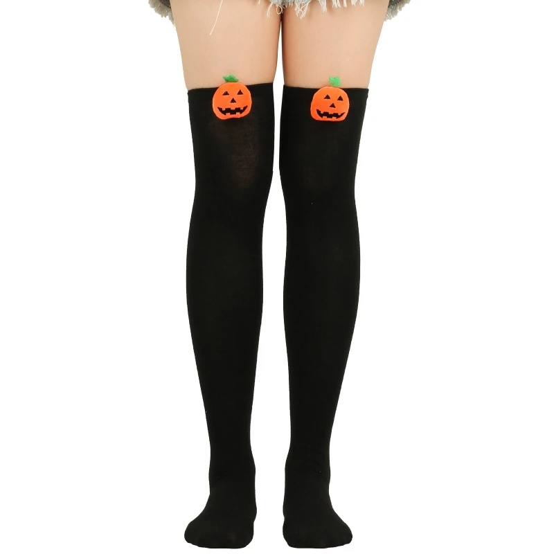 Striped Over Knee Long Socks Halloween Holiday Cute 3D Devil Pumpkin Thigh High Stockings Hosiery for Women and Girls