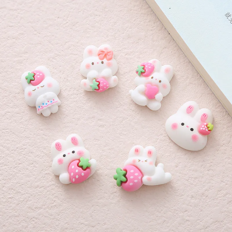 

10Pcs Light Pink Strawberries Rabbit DIY Barrette Icebox Mobile Phone Case Decoration Materials Cream Glue Flat Back Resin