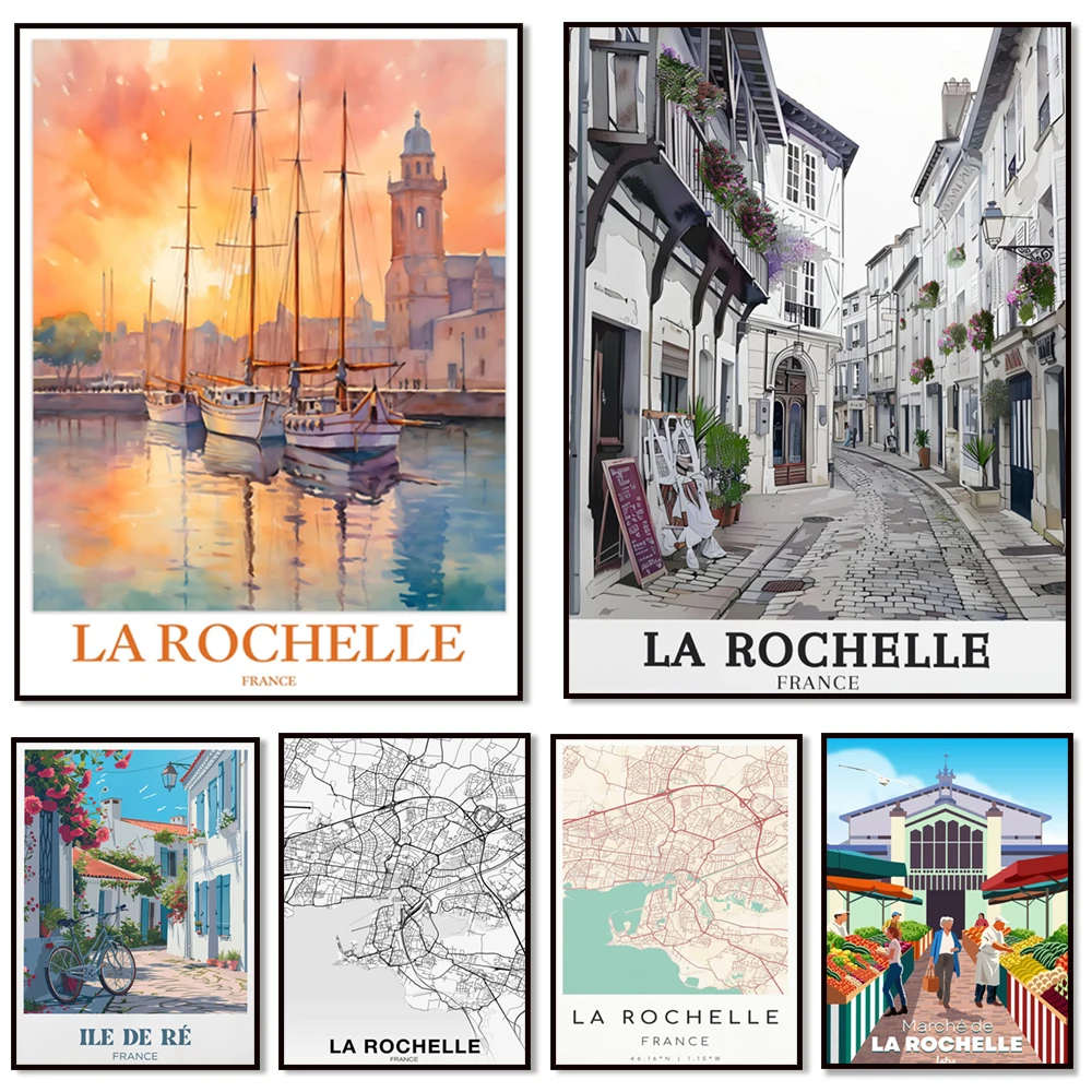 La Rochelle La Grosse Horloge, Port - Charente-Maritime, Ile d'Oleron, Ile de Ré, Sailboat, La Rochelle map France travel poster