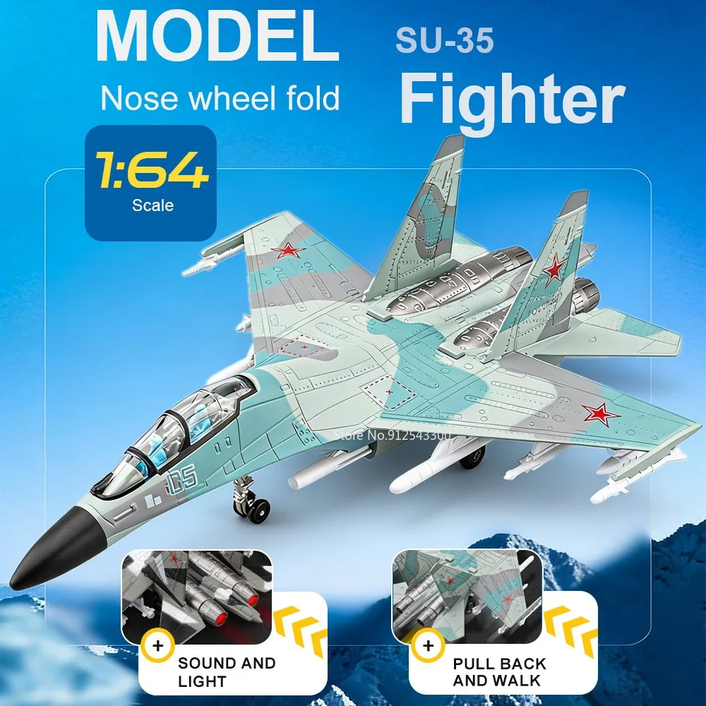 

1:64 SU-35 Fighter Model Toy Car Sound Light Fighters Cabin Opened Catapult Missile Metal Diecast Models Boyfriend Collections