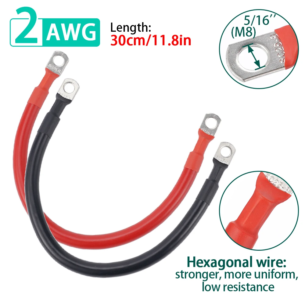 

30cm Silicone wire Soft Battery Cable 2AWG Stranded Tin-plated Copper Wire M8 Lug For Inverter Car Solar Universal Terminal Wire
