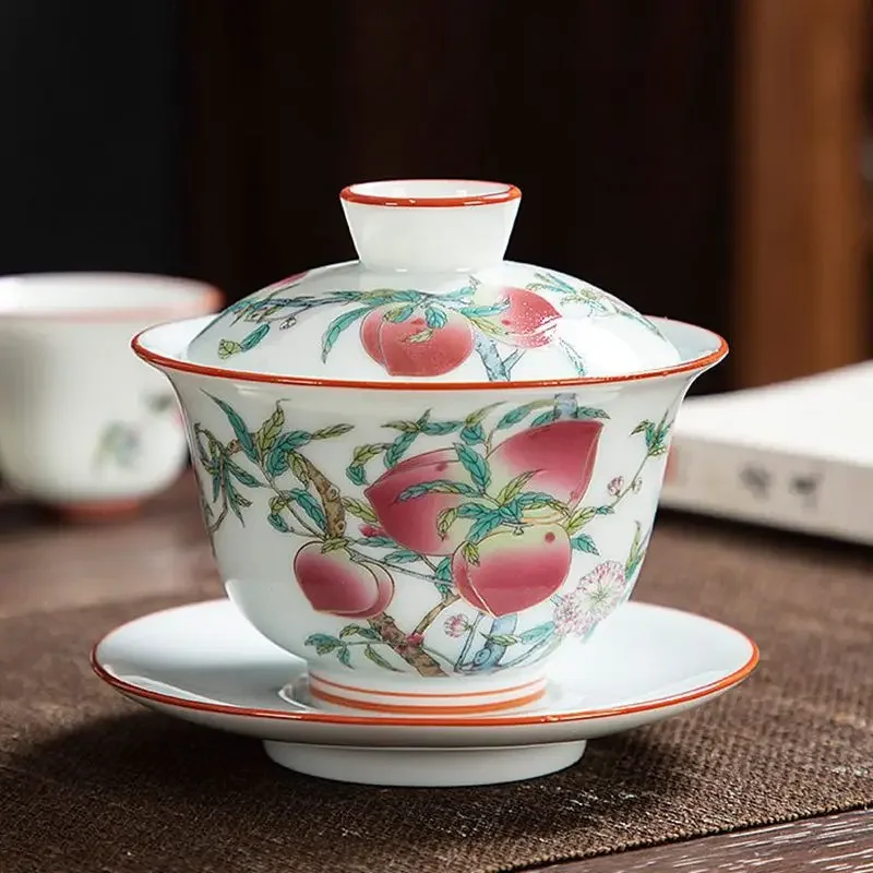 White Chinese Style Sancai Gaiwan Tea Cup, Single Manual Painting, Golden Porcelain Brewing Bowl with Cover, Non-Scald Household