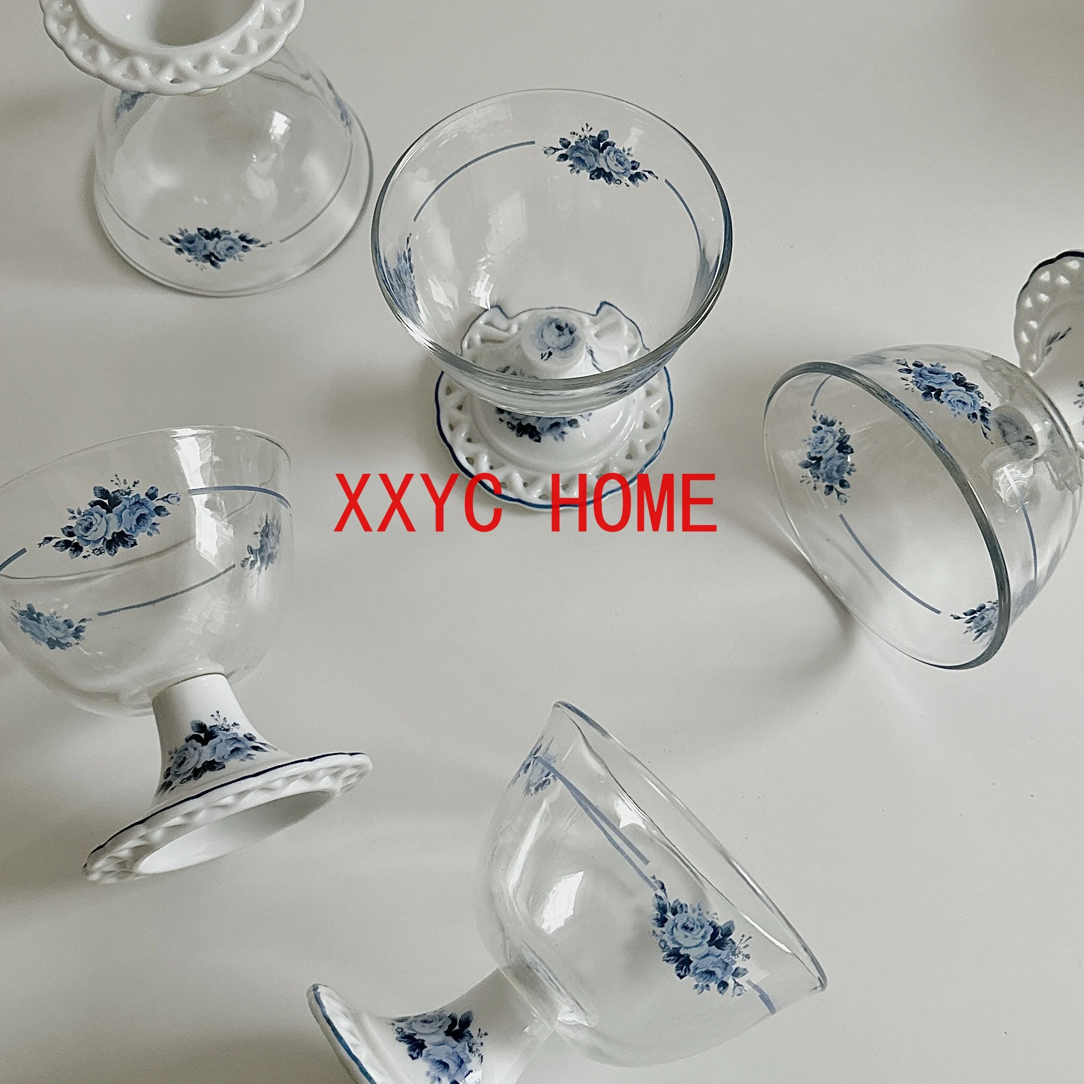 Retro Blue and White Rose Hollow Glass Goblet