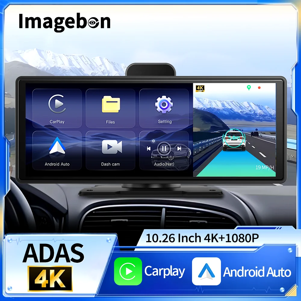 

Imagebon 10.26" Dash Cam 4k Wireless Carplay Android Auto Navigation Car DVR Siri Voice Control Dual Recording ADAS Cam