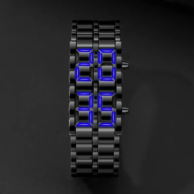 Fashion Black Full Metal Digital Lava Wrist Watch Men Blue LED Display Mens Watches Gifts for Male Boy Sport Creative Clock