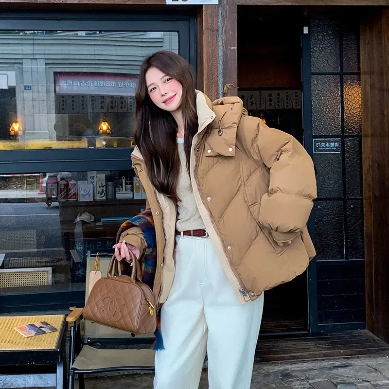 Women's Autumn Winter Top Coat Cotton Coat Hooded Solid Color Short Thickened Fleece Lining Loose Casual Niche Versatile Skinny