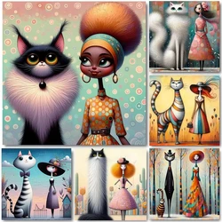 Comic Style Woman And Cat Diy Diamond Painting Cartoon Girl And Kitten Home Decor Full Square Round Embriudery Mosaic Wall Art