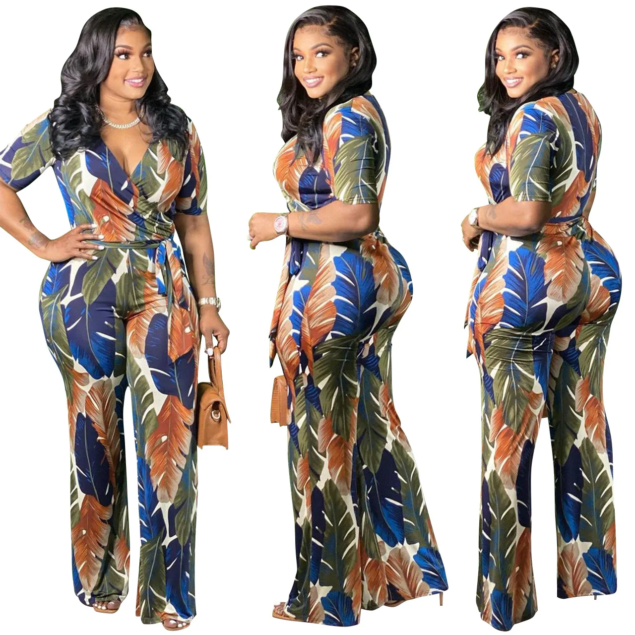 XL-4XL Women Clothing 2023 Summer Jumpsuits Fashion Casual Printing Short Sleeve Long Rompers Wholesale Dropshipping