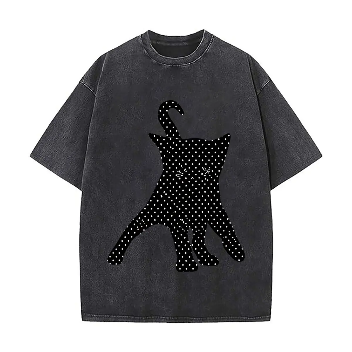 Black White Polka Dot Cat Silhouette Whimsical Graphic Distressed Faded Baggy Streetwear Tops for Park Hangouts