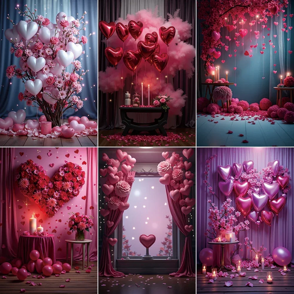 

MOON.QG 2025 Valentines Photography Backdrop Heart Balloon Flower Romantic Scene Balloon Background Women Birthday Studio Props