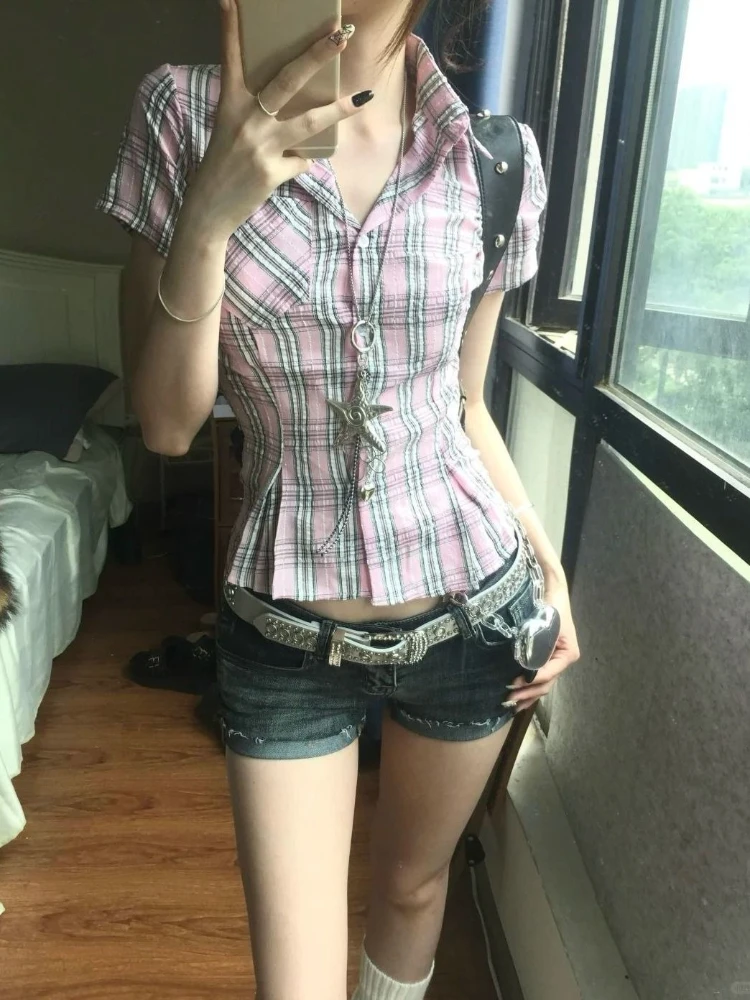 Aesthetic Casual Vintage Slim Plaid Shirt Women Summer Vintage Pink New Short Sleeve Skinny T-Shirts High Street Lapel Outfits