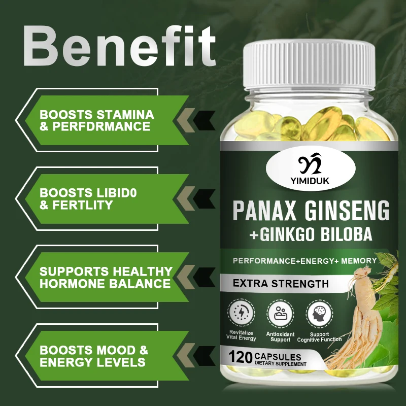 Korean Panax Ginseng Capsules Ginkgo Biloba for Strength, Endurance, Performance Enhancement and Focus Supplement