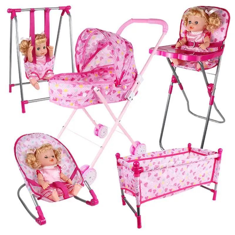 Juego de simulación de cochecito de bebé rosa, juguetes de juego de rol para guardería, muebles de casa de muñecas, carrito de cuna de muñecas