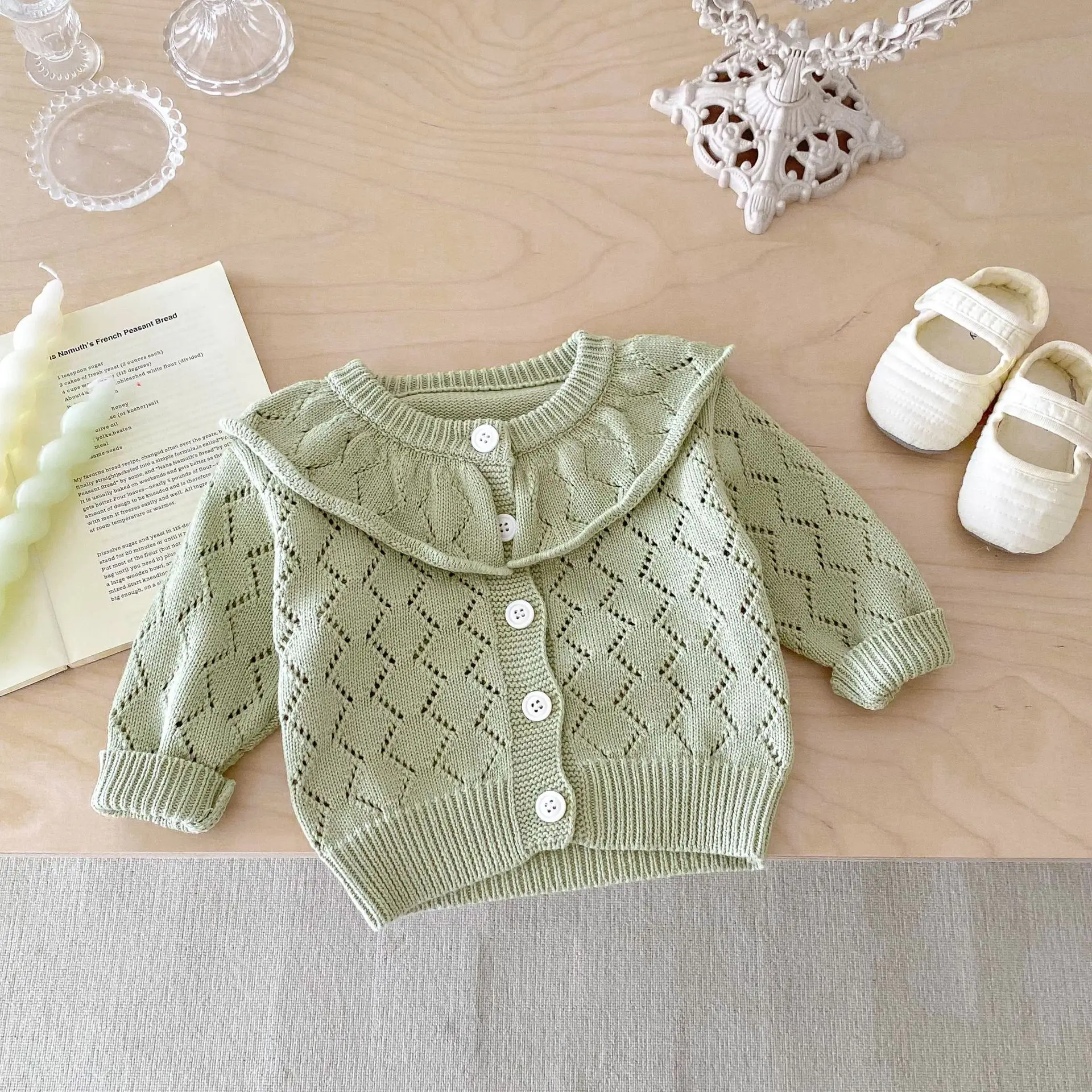 Autumn 0-3 Year Old Baby Girl Sweater Hollow Cotton Yarn Knit Ruffle Collar Long Sleeve Infant Girls Coat Toddler Girls Outfit