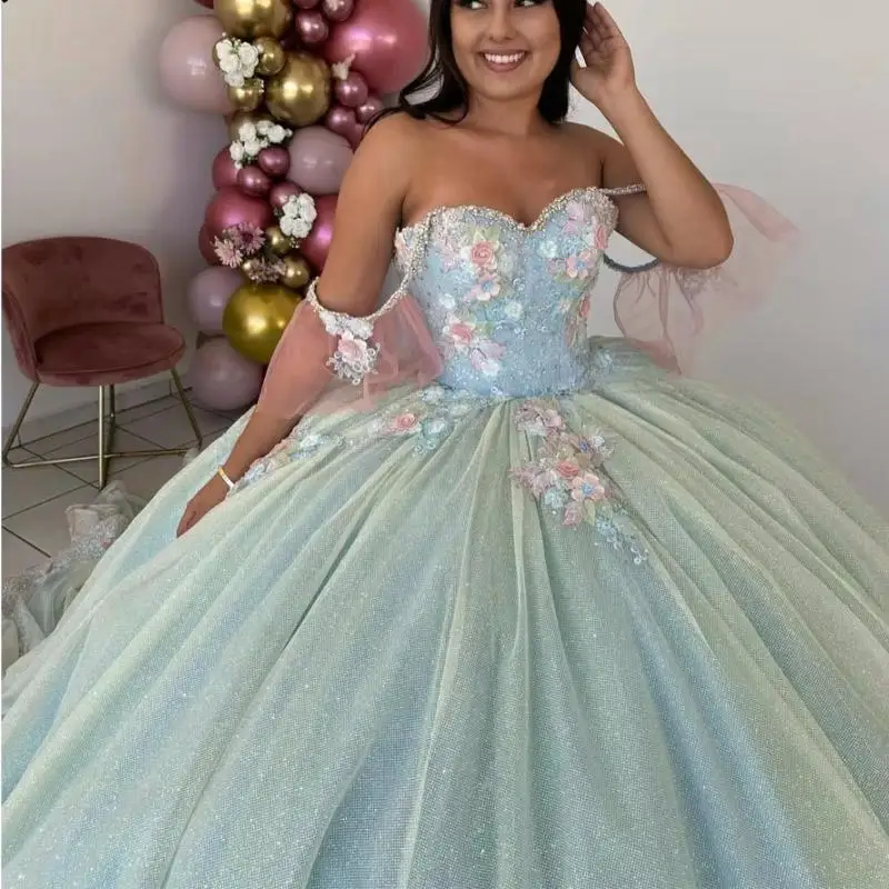 Customized Mint Green Glitter Crystal Quinceanera Dresses Ball Gown 3D Flowers Appliques Lace Corset Vestidos De XV Anos