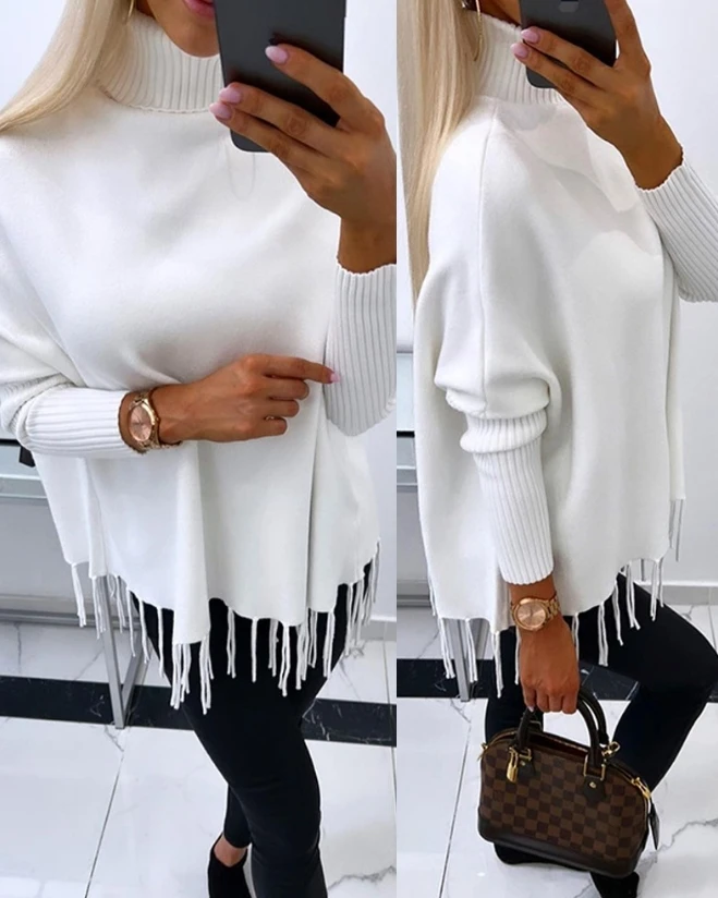 Spot Women's New Fashion 2023 Hot Selling High Collar Long Sleeve Tassel Design Knitted Sweater Warm and Loose Pullover